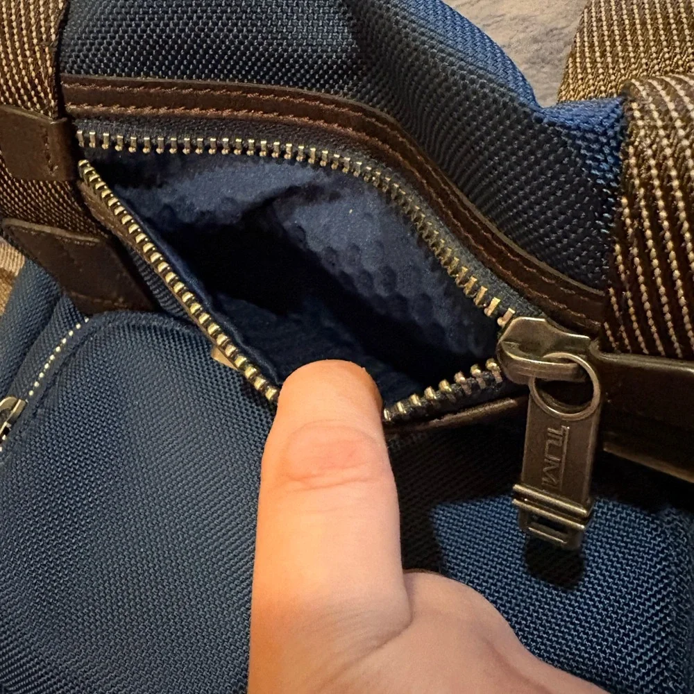 Tumi Blue Messenger Bag with Brown Trim